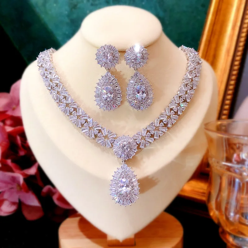 Bridal Jewelry Sets For Women S925 Silver Needle Drop Earrings Necklaces Pendants Crown Wedding Cubic Zirconia Accessories