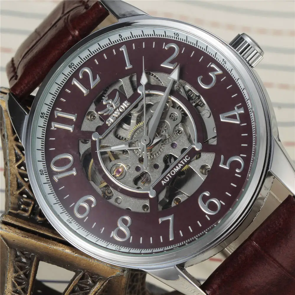 relogio masculino Fashion SEWOR Men Luxury Brand Leather Skeleton Watch Self Wind Automatic Mechanical Wristwatches