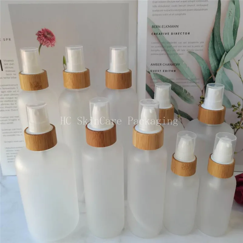 

60ml 120ml 150ml 250ml frosted clear PET plastic cosmetic bottles with bamboo wooden lotion lids 8oz Sprayer Dispenser Bottles