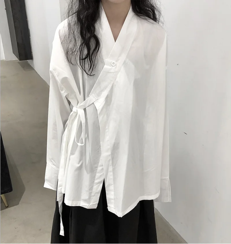 Autumn women\'s new kimono collar tie design lapel solid color long sleeve shirt youth loose fashion trend