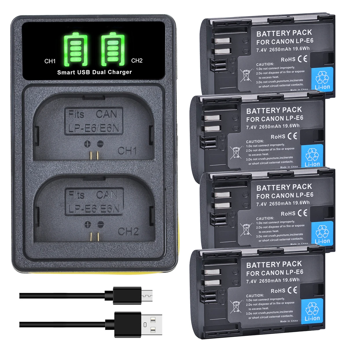 2650mAh Li-ion LP-E6 LP-E6N Battery/ Charger for Canon EOS 6D 7D 5D Mark II III IV 5D 60D 60Da 70D 80D 90D 5DS R5 R6 XC10 XC15