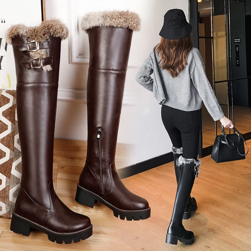 YMECHIC Buckle Fur Warm Thigh High Snow Boots Long Over The Knee Women Botas Autumn Winter 2021 Side Zipper Shoes Drop Shipping