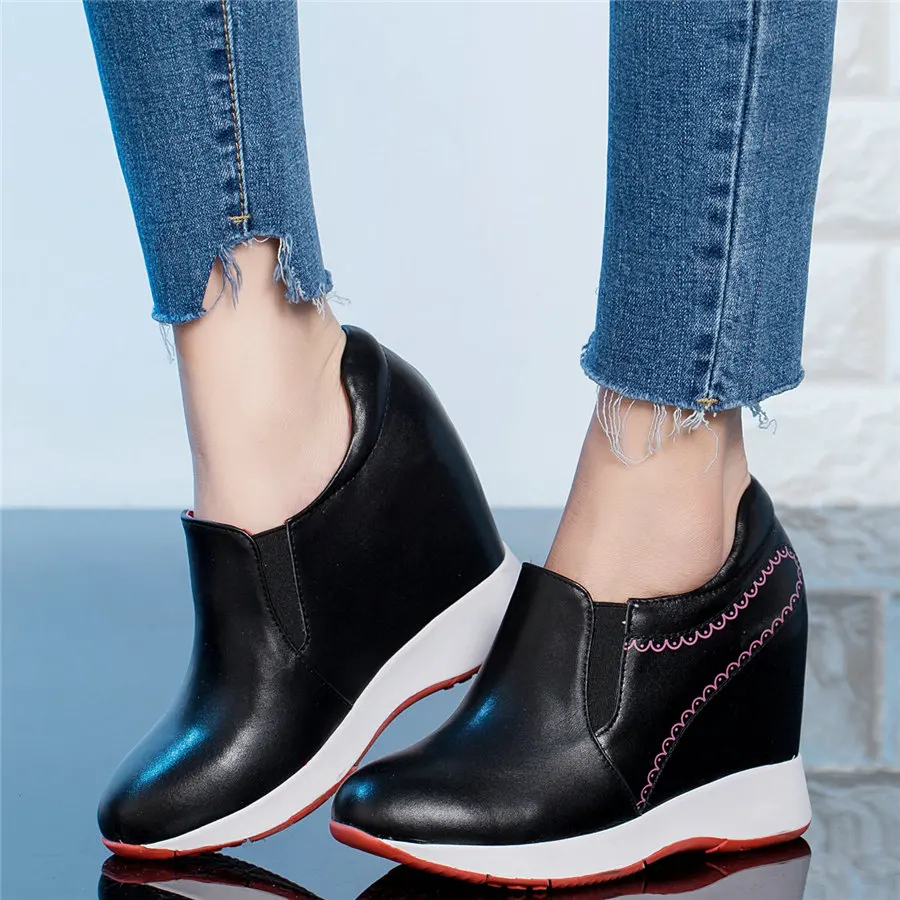 

Fashion Sneakers Women Genuine Leather Wedges High Heel Vulcanized Shoes Female Round Toe Platform Pumps Shoes Low Top Loafers