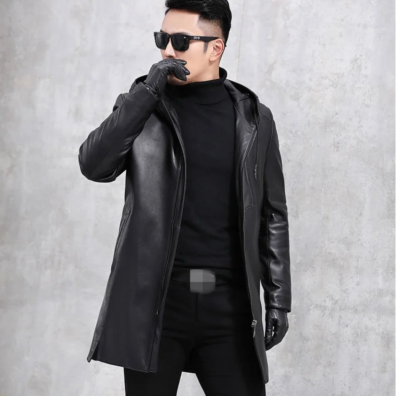 Winter Fashion Business Casual Genuine Leather Down Coat Men White Duck Down Thick Warm Hooded Long Jacket Male Plus Size L-4XL