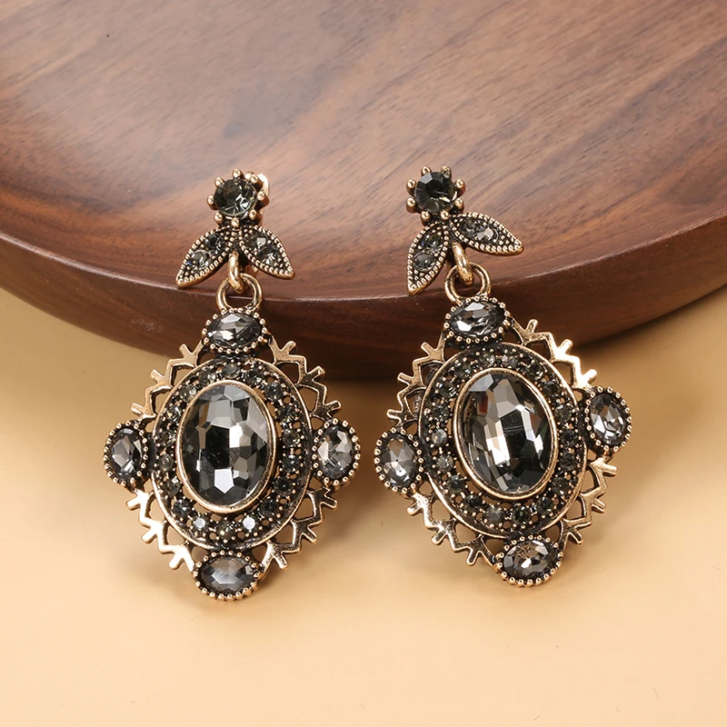 Wbmqda Luxury Gray Crystal Bridal Earrings For Women Antique Gold Color Beach Party Drop Earrings 2020 New Vintage Jewelry