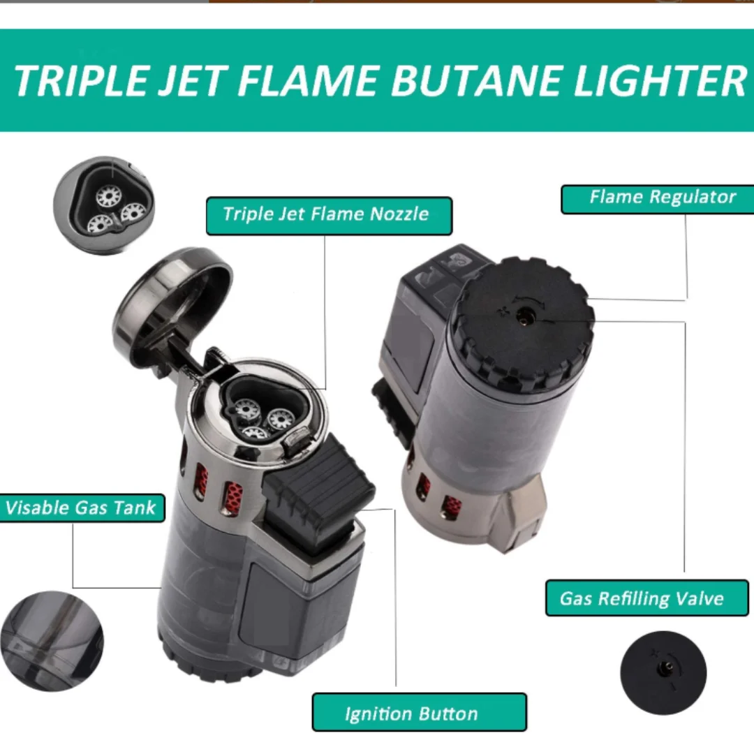 Torch Butane Cigarette Lighter, Triple Jet Flame Lighters with Visible Fuel Tank, Refillable Gas Lighters, Windproof