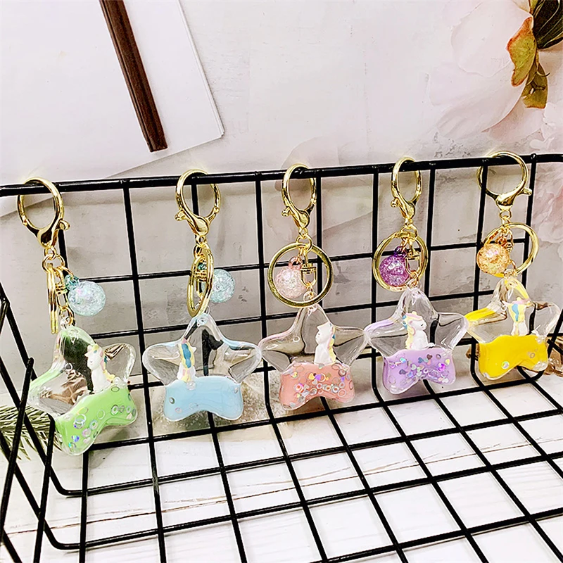 Cartoon Cute Unicorn Keychain Milk Tea Cup Liquid Quicksand Sequin Keyring Charm Bag Car Pendant Key Chain for Women Men Kids