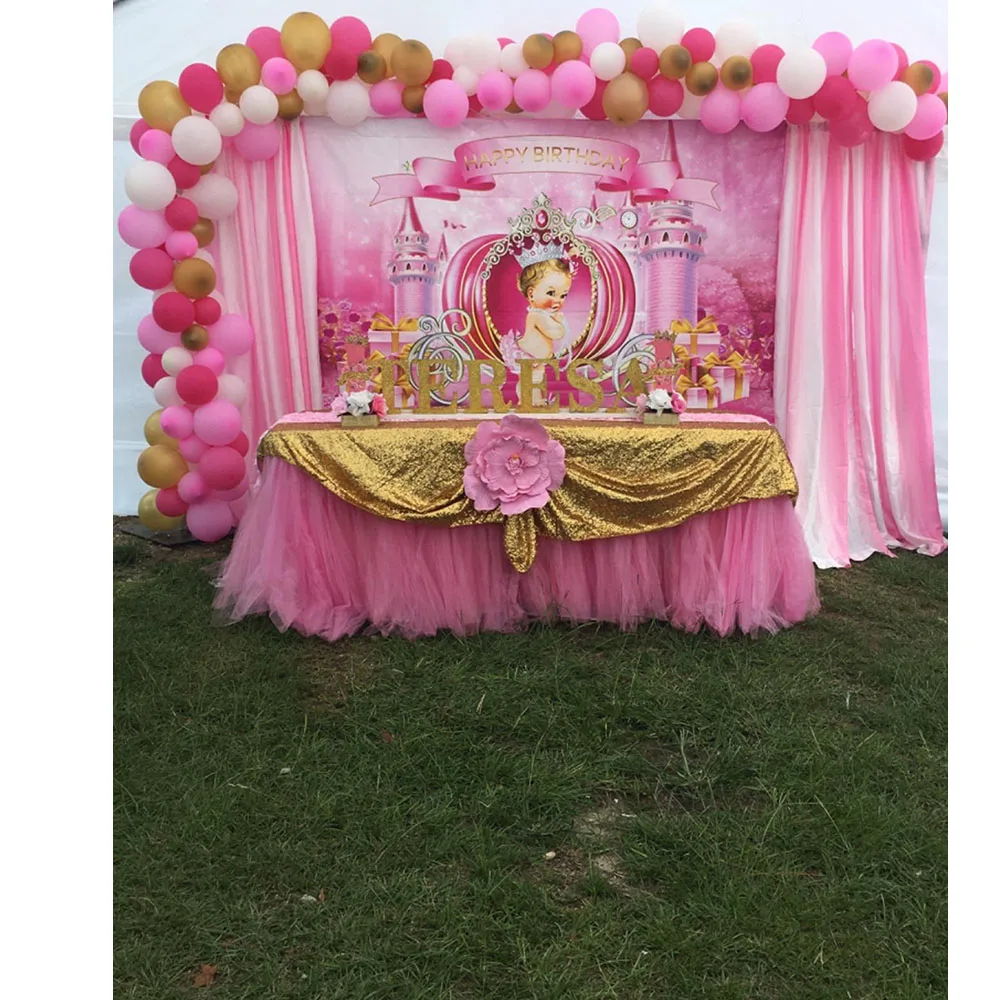 Toile de fond de photographie d'anniversaire de petite princesse pour fille rose, bannière de fête d'anniversaire, château, Aliments, chesdistricts age