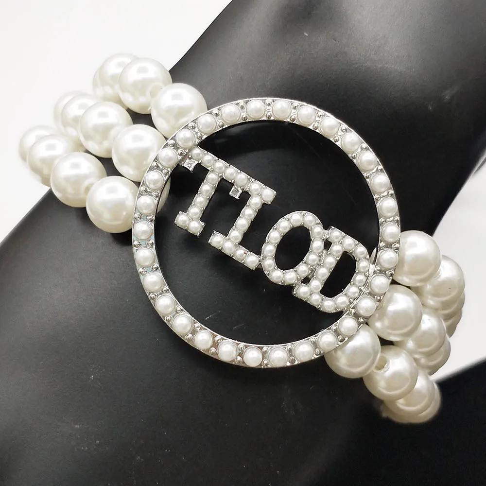 Elastic Line White Pearl TLOD Letter Charm Multilayer Bracelet Women Jewelry