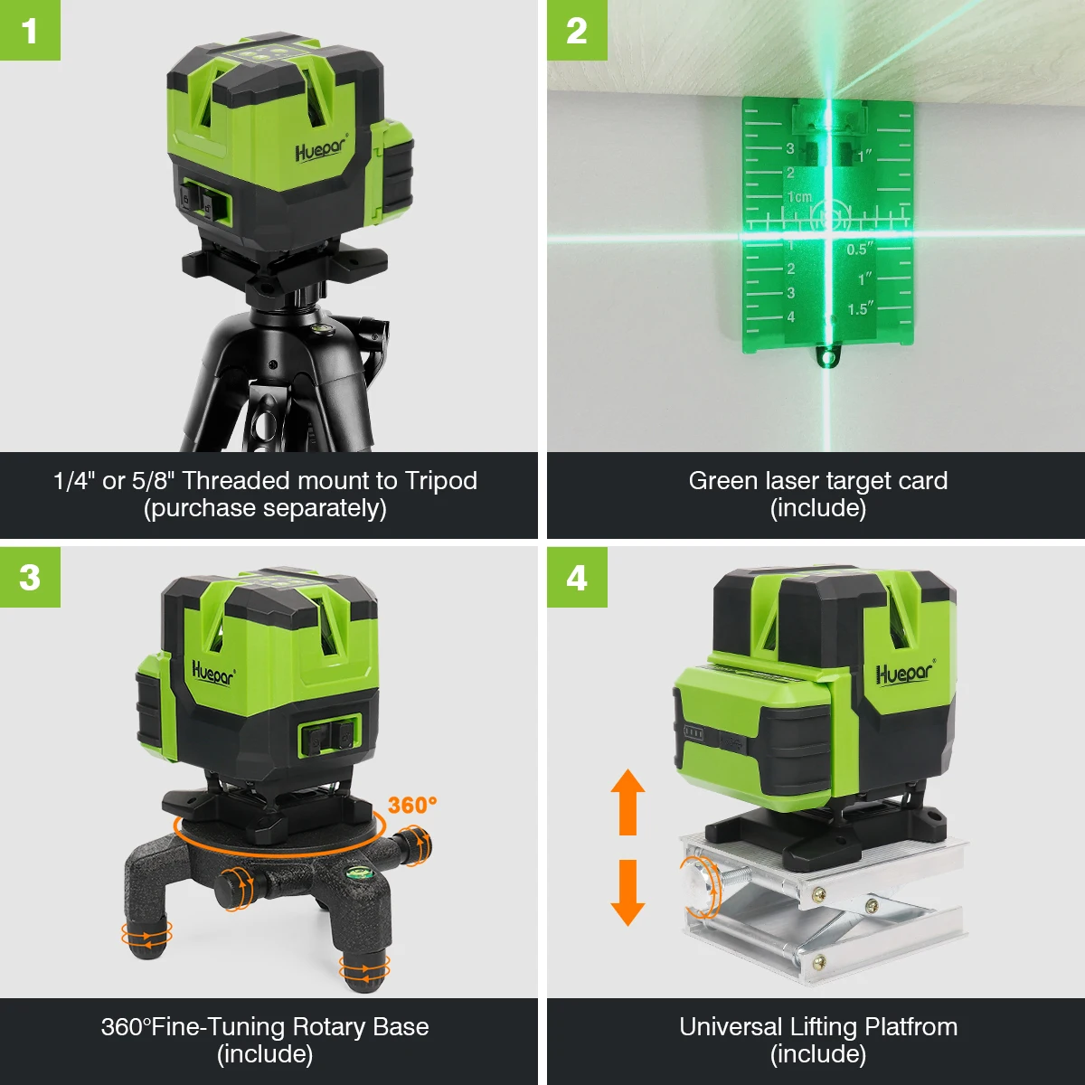 Huepar OSRAM 6 Líneas Láser autonivelante Nivel 2 Vertical y 360 °   Nivel láser verde de línea horizontal y punto de plomería con estuche rígido