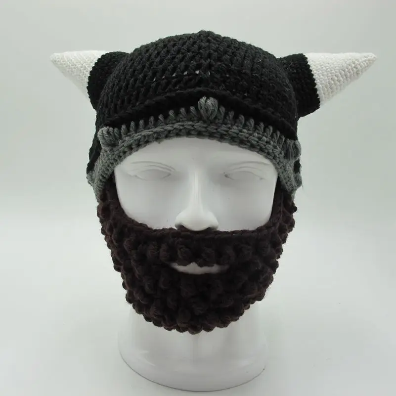 Men\'s Vikings Helmet Hat Horn Beard Gorro Fancy Dress Handmade Knit Winter Cap Warm Beanie Halloween Gift Vicking Party