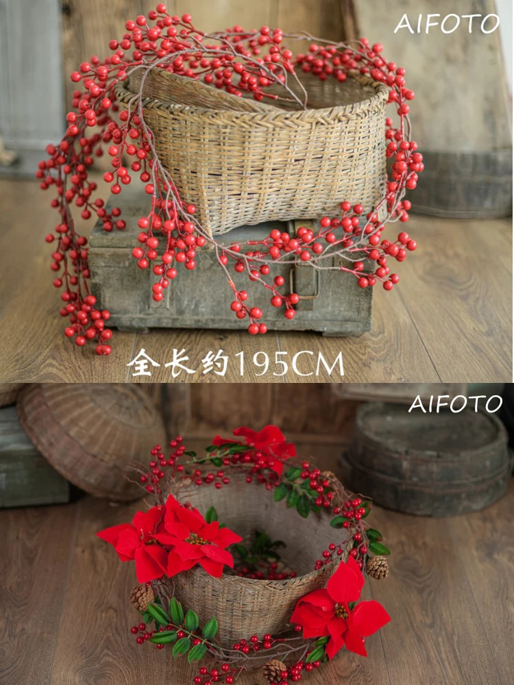 Newborn Photography Prop Simulated Green Plants Basket Stuffer Accessorie Berry Daisy Rattan Strip Vine Studio Shooting Flowers