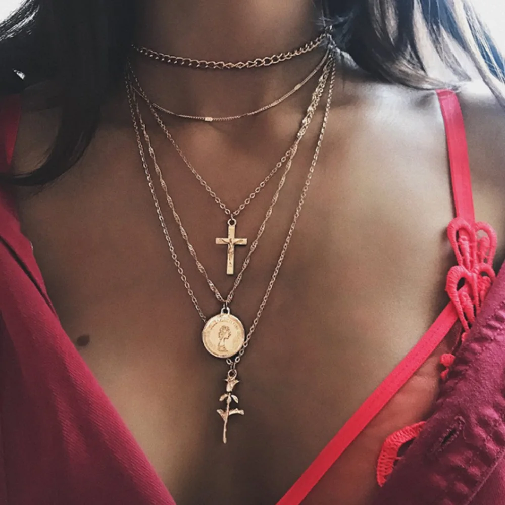 3 Styles Boho Mixed Golden Cross Notre Dame Rose Multi-layer Necklace Female Classic Fashion Jewelry Accessories Gift