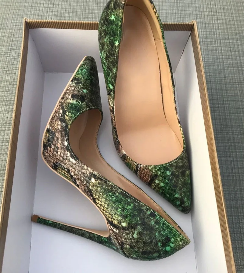Veowalk Green Snake-effect Embossed Women Sexy Stilettos High Heels Ultra High Pointed Toe Pumps Ladies Slip On Party Shoes
