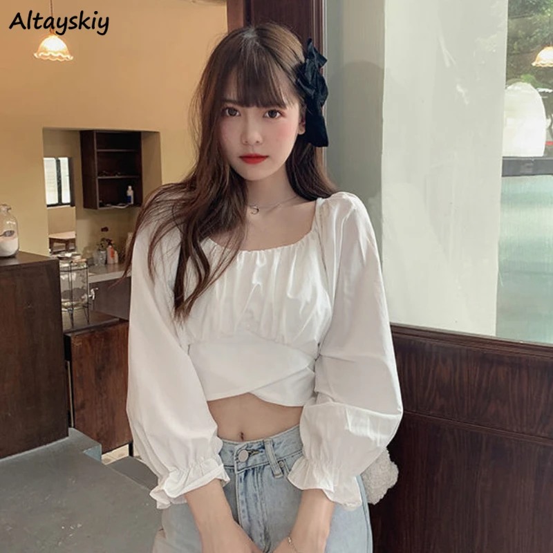 Blouse Women Spring Trendy Bandage Puff Sleeve All-match Solid Elegant Square Collar French Style Simple Streetwear Retro Female