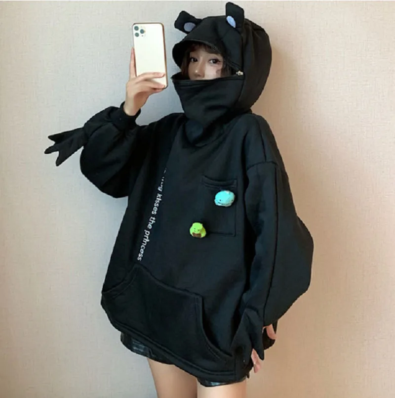 Plus Size Couple Wear Women Hoodie Cute Long-Sleeved Loose Print  Velvet Padded Sweater  High-Necked Frog Head Warm Pullover