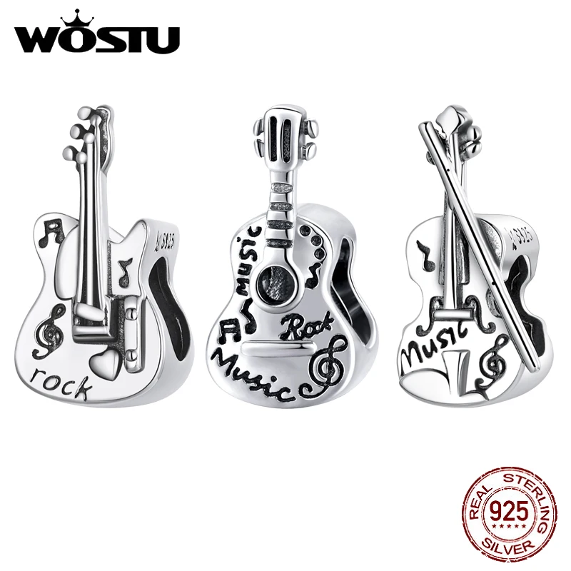 

WOSTU 925 Sterling Silver Vintage Bass Violin Music Guitar Charms Beads Pendant Fit Original Bracelet Necklace For Women Jewelry