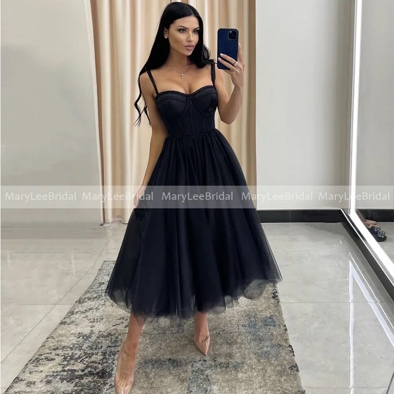 

Vintage Black Short Prom Dresses Spaghetti Strap A-Line Party Dress Sweetheart Tea-Length Tulle Formal Gowns robes de cocktail