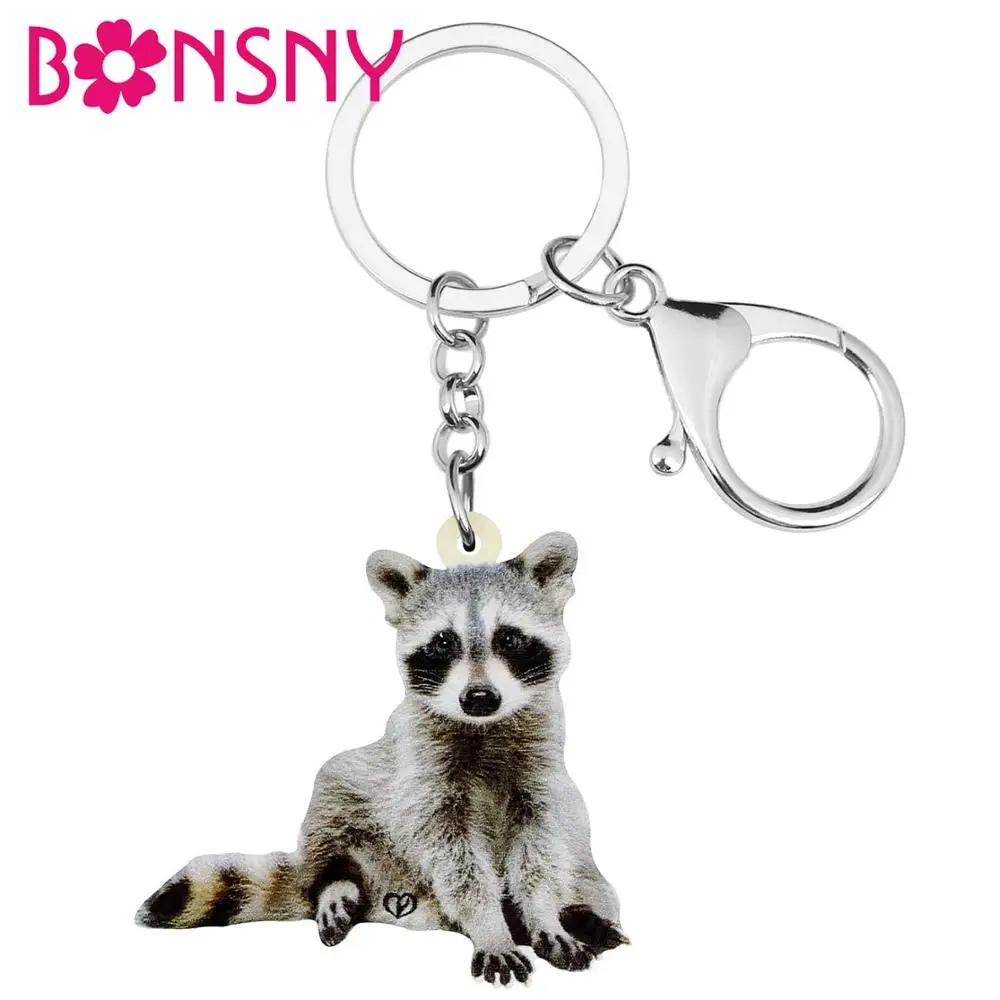 Bonsny Acrylic Gray Raccoon Keychains Printing Animal Key Ring Jewelry For Women Kids Friends Trendy Gift CarDecoration Charms