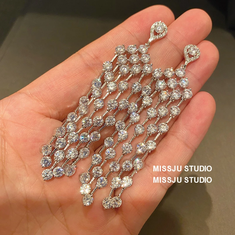 S925 Silver Needle Drop Earrings For Women Super Flash Long Tassels White Cubic Zircon Fine Jewelry Accessories 4