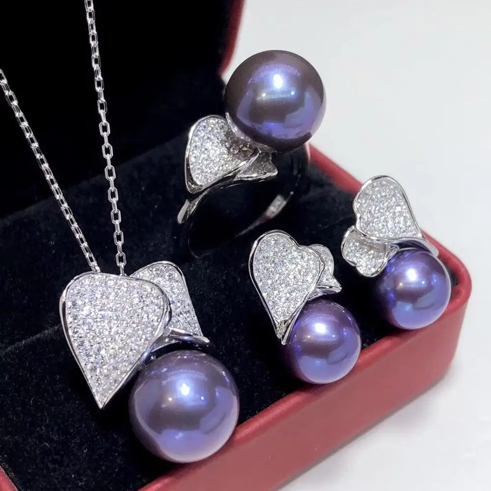 D110 Pearls Jewels 925 Sterling Silver Natural Fresh Water 9-12mm Purple Pearl Female's Jewelry Sets for Women FIne Jewelry Sets