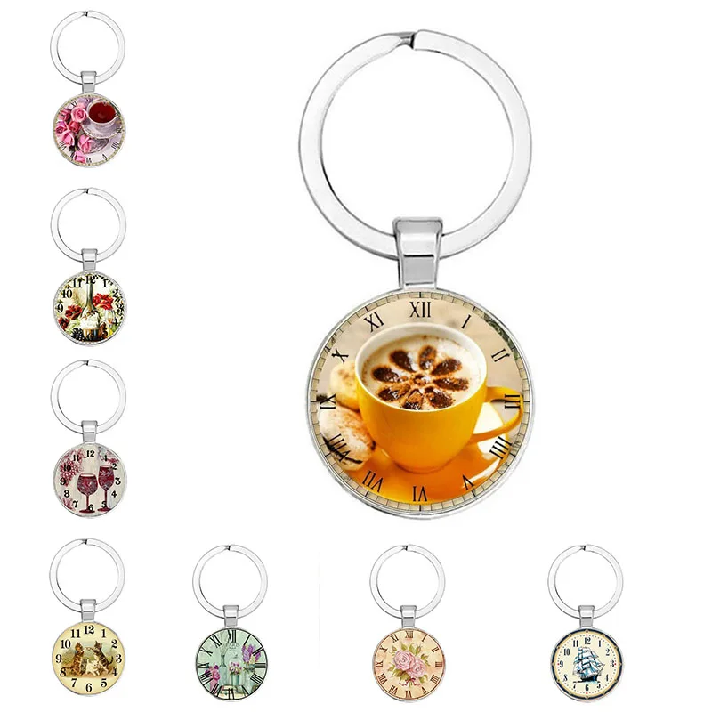 2021 New Retro Round Flower Animal Clock Fashion Keychain Glass Cabochon Keychain, Handmade Jewelry Keychain Pendant, Car Decora