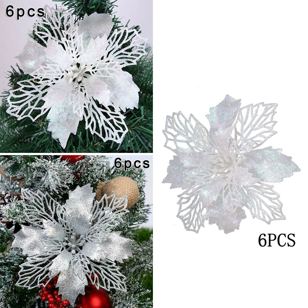 

6Pcs 16cm Christmas Poinsettia Flowers Artificial Glitter Poinsettia Christmas Tree Ornaments Decorative Floral Accessories