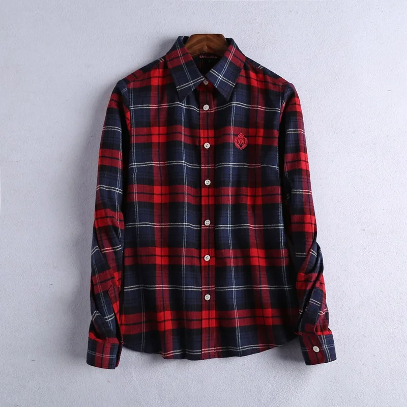 Women Autumn Sanding Fabric Flannel Plaid Shirt Blouses Casual Female Spring Warm Shirts Ladies Tops Sanded Plaid Cotton Fabric