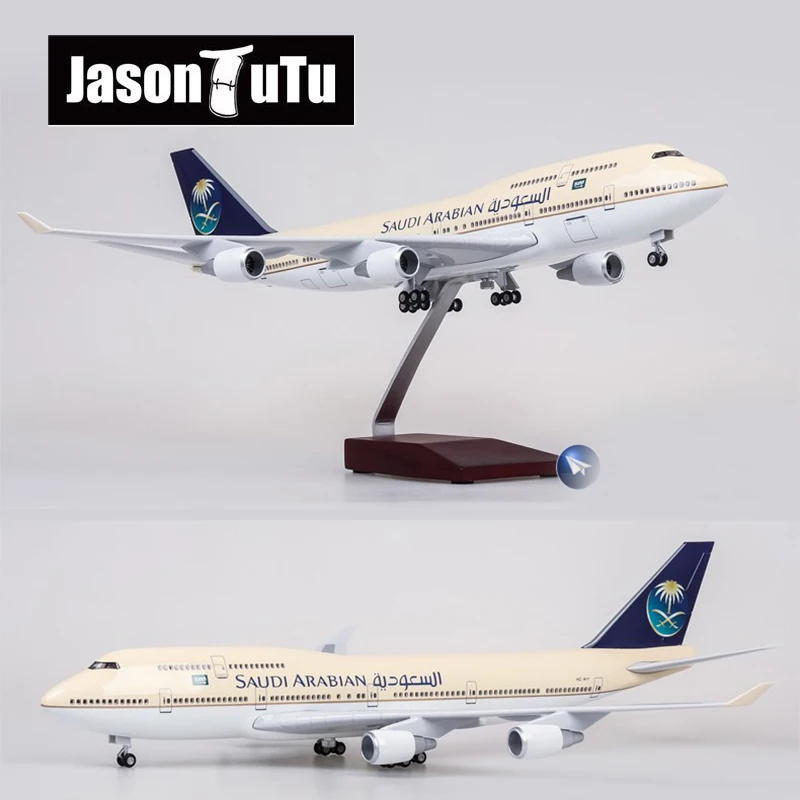 JASON TUTU 47cm Saudi Arabian Airlines Boeing B747 Plane Model Airplane Model Aircraft Resin Diecast 1:150 Scale with Light & Wh