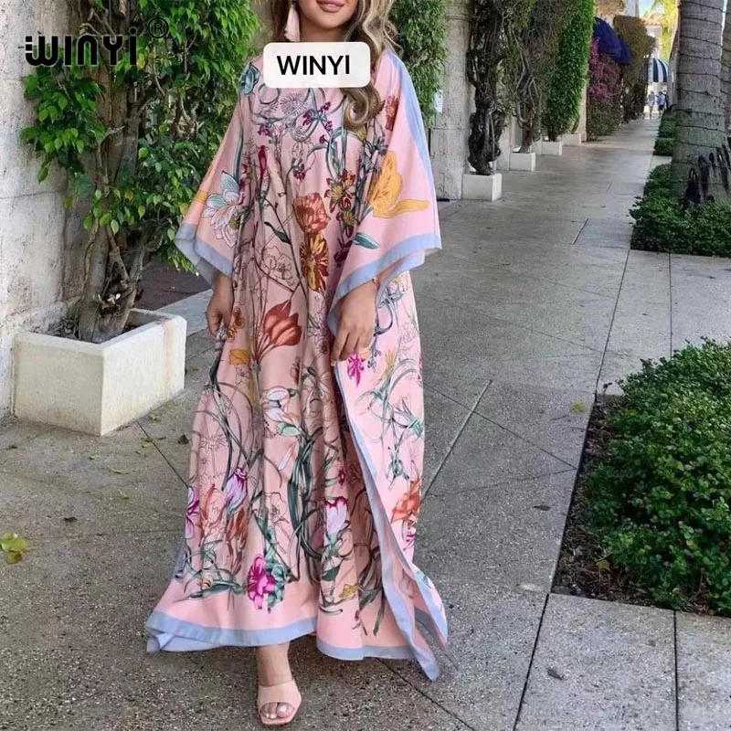 Africa Fashion Blogger Recommend Popular printed Silk Kaftan Maxi dresses Loose Summer Beach Bohemian kaftan long dress for lady