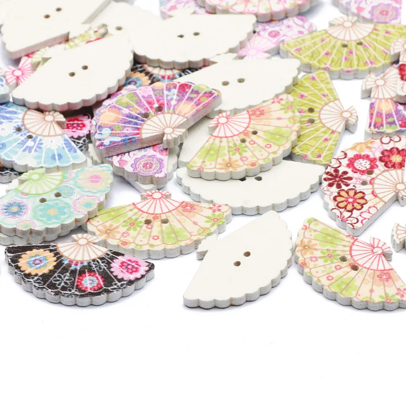 50Pcs Fan Shape Painting 2 Holes Wooden Buttons For Clothing Sewing Scrapbooking Decoration Crafts Diy Accessories 18x30mm