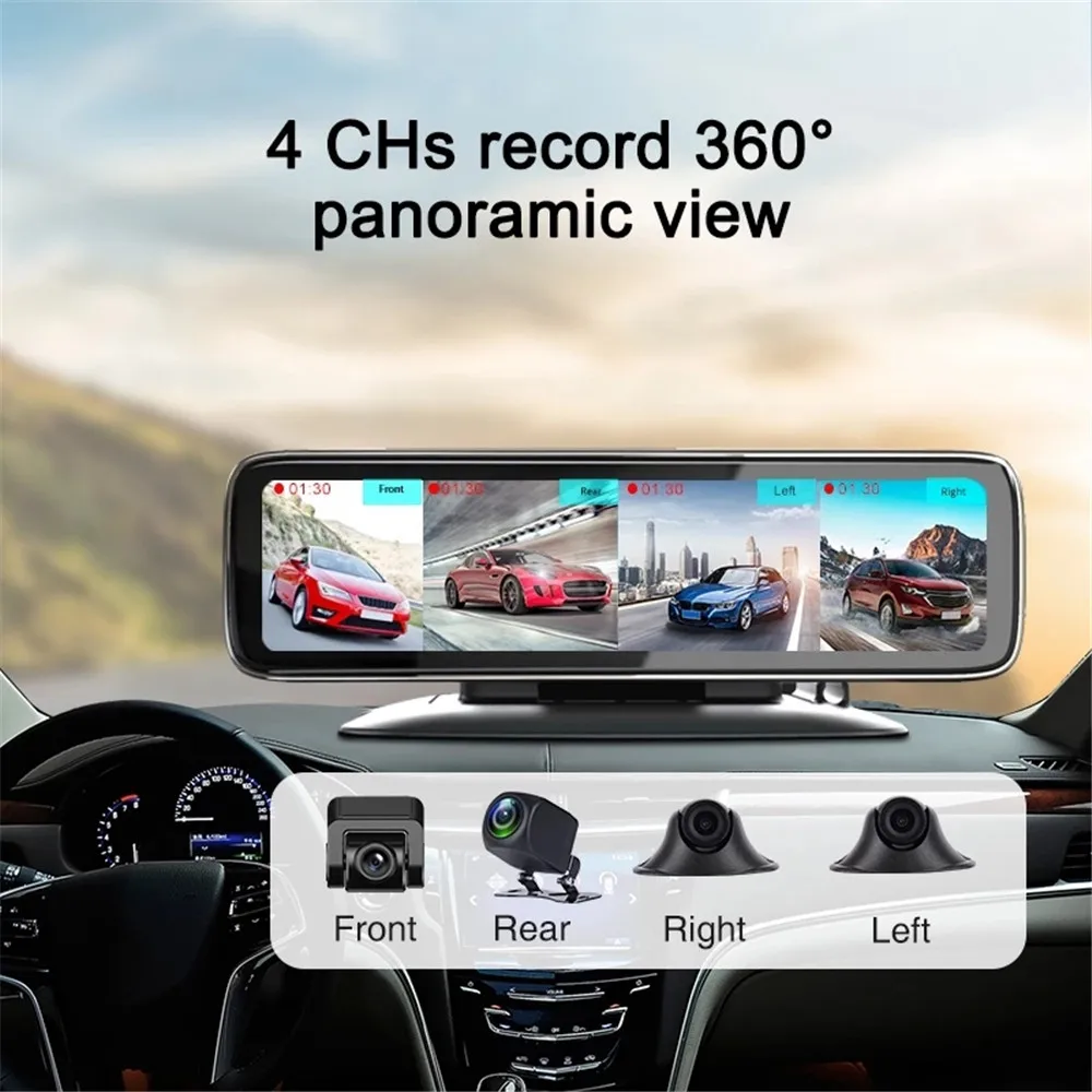 360° Panoramic Dashboard Car DVR 12-Inch Touch Screen 4 Channel FHD 1080P IPS Video Recorder 4 Split Screen Display Dash Cam