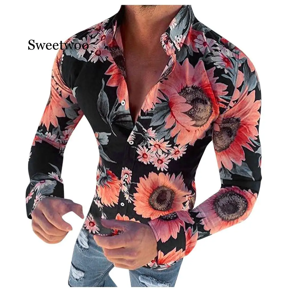 

New Men's Floral Shirt Long Sleeve Casual Shirt Fashion Rose Flower 3D Printed Turn-down Collar Slim Fit Shirt For Mens Clothing