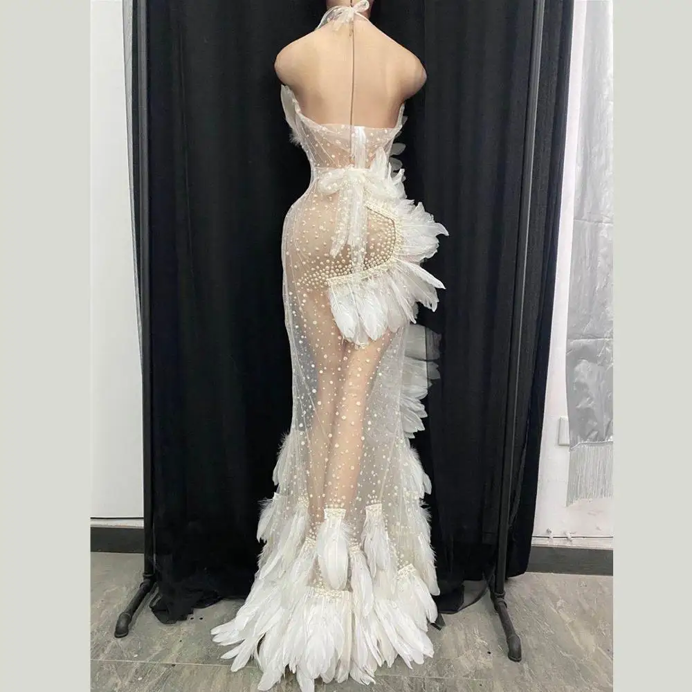 Women Sexy Prom Halter Rhinestone Dress White Feather Mesh See Through Wedding Party Long Dress Singer Stage costume