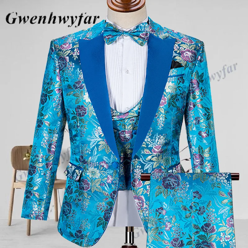 

Gwenhwyfar Elegant Lake Blue Male High Quality Costume Luxury Flower Jacquard Groom Wedding Party Prom Suits Tuxedos 3 Pieces