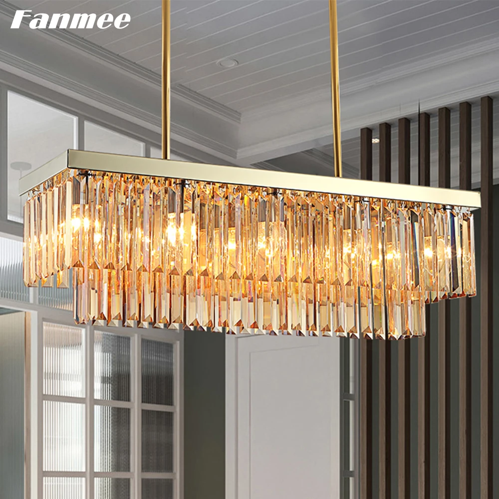 Modern Rectangular Hanging Lamp LED Amber Crystal Ceiling Chandelier Lights Home Decor Indoor Lighting for Dining Room Kitchen