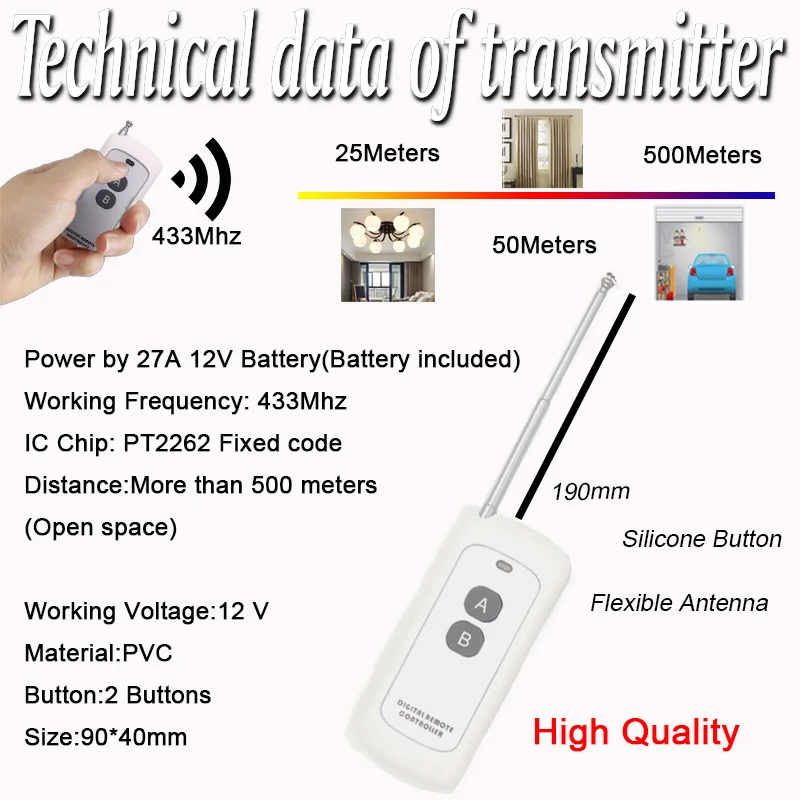 433MHz Wireless Universal Wide Range 500mRemote Control AC 220V 1CH 2 gangs rf Relay Receiver and Transmitter for light/Bulb/LED