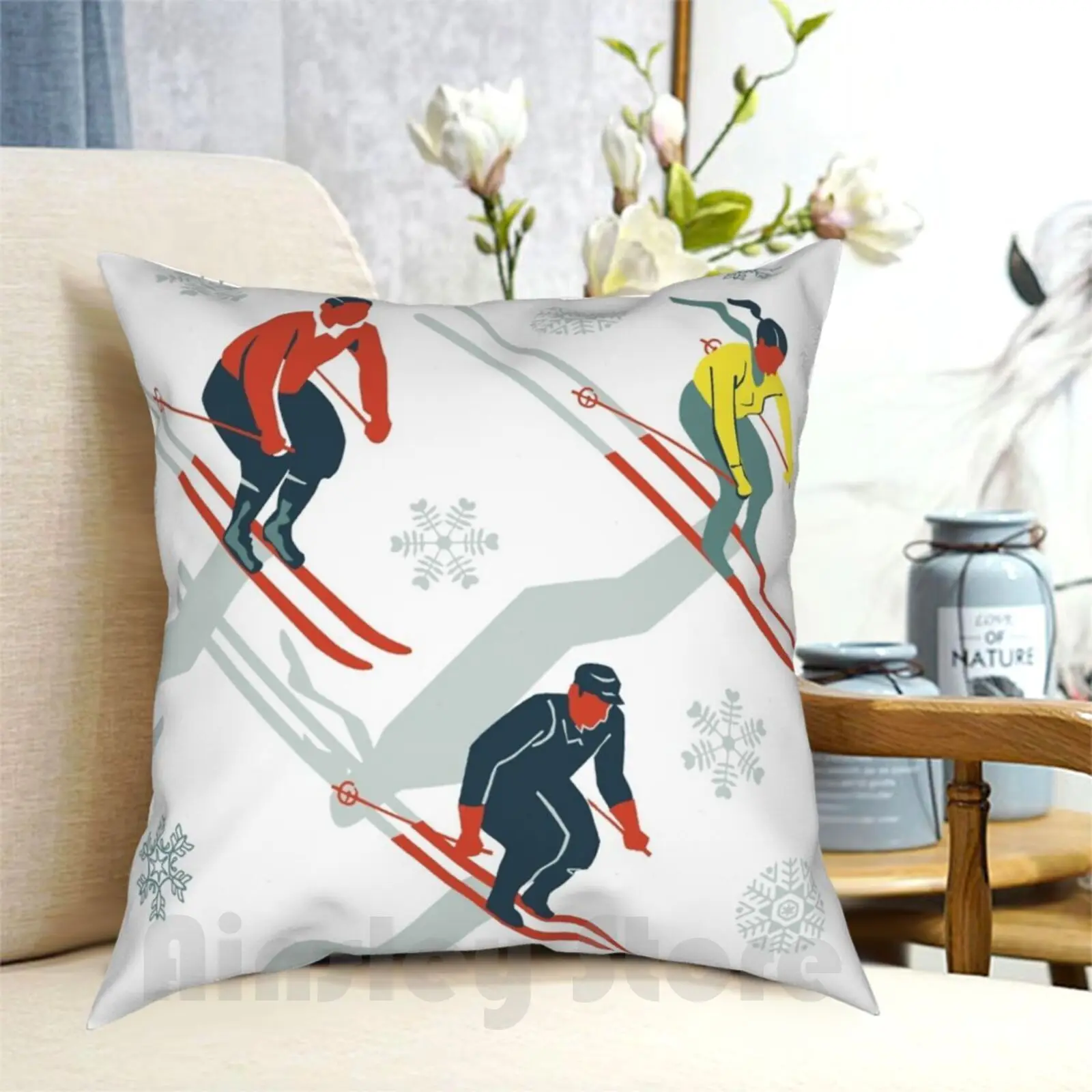 Mid Century Retro Ski Trails In Red , Teal And Yellow Pillow Case Printed Home Soft DIY Pillow cover Ski Skiing Skis Skiers