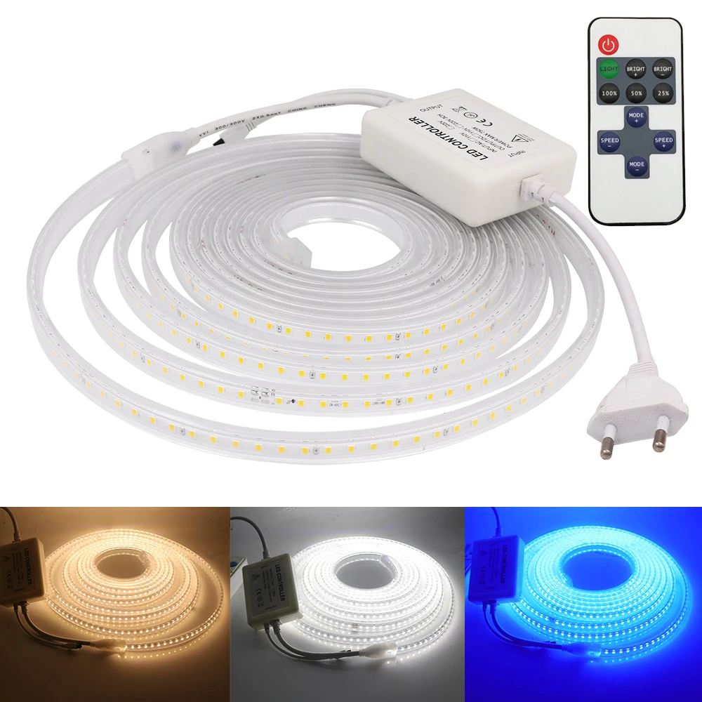 

SMD 2835 LED Strip EU 220V Waterproof High Brightness 120LEDs/m White/Warm White/Blue Flexible Ribbon Tape LED Light