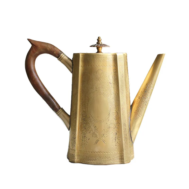 

Handmade Vintage Brass Gold Carved Solid Wood Handle Tea Kettle Wine Pot Decoration Ornaments water jug tea pitcher water