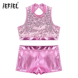 Girls Summer Clothes Set Fashion Sparkly Sequins Sleeveless Crop Top Metallic Bottoms Set Jazz Hip Hop Stage Dance Kids Clothes