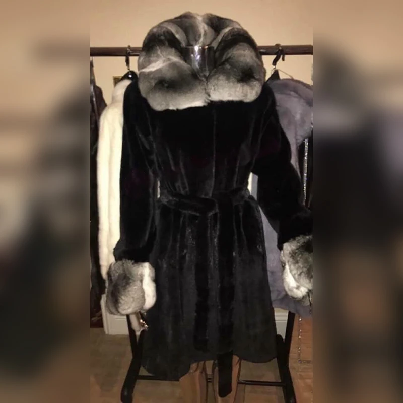 Frauen Mode Natürliche Rex Kaninchen Fell Mantel mit Kapuze Starke Warme Winter Mode Frau Echte Rex Kaninchen Pelz Mäntel Medium länge