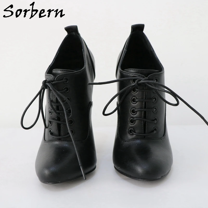 Sorbern Genuine Leather Boots Women Block High Heels Black Matt Lace Up Round Toe 15Cm Chunky Heeled Unisex Guy Shoes Big Size