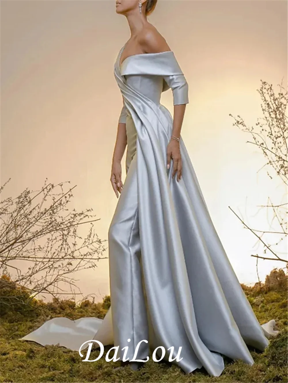 Jumpsuits Minimalist Elegant Engagement Evening Dress Off Shoulder Half Sleeve Court Train Satin with Pleats Overskirt 2022