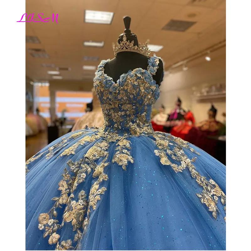 Light Blue Ball ชุด Quinceanera ชุดลูกไม้หวาน16ชุดพรหม Gowns ทอง Applique Vestido De 15 Anos