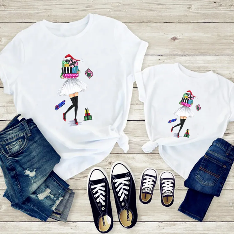 

New 2020 Fashion Mother and Daughter Christmas Clothes Mommy and Me Family Matching Clothes White Casual Tshirt