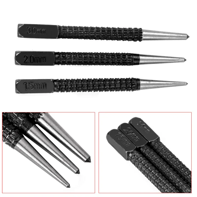 3PC 1.5/2/3MM High-carbon Steel Center Punch Set 10.1cm Non Slip Center Punch For Alloy Steel Metal Wood Marking Drilling Tool