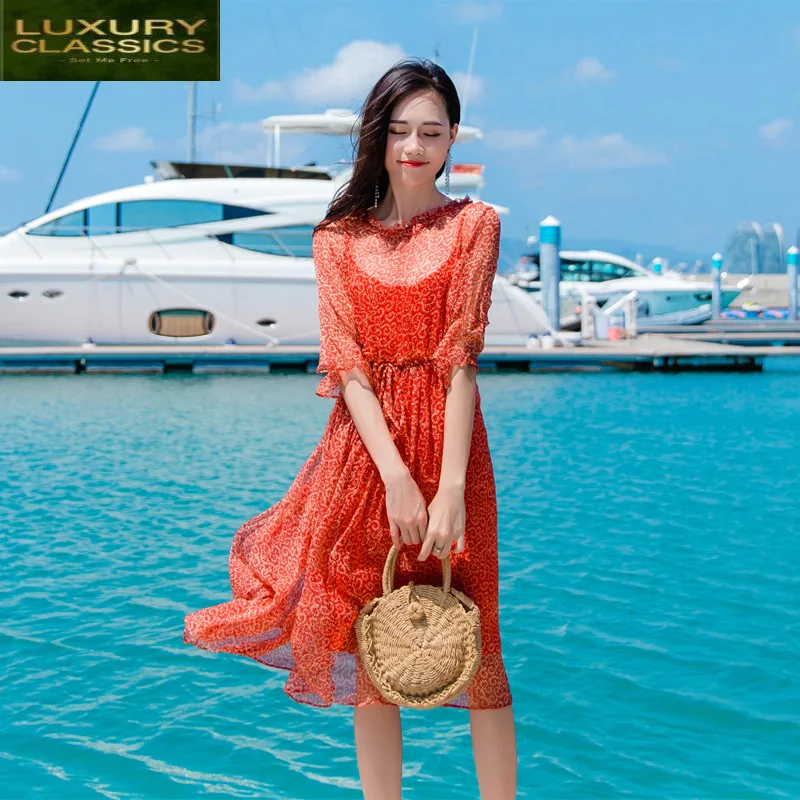 

Dress Women Summer Beach Silk Mid Print Floral Dresses Elegant Red Dress Robe Femme Vestidos Evening Party Dresses LW2766