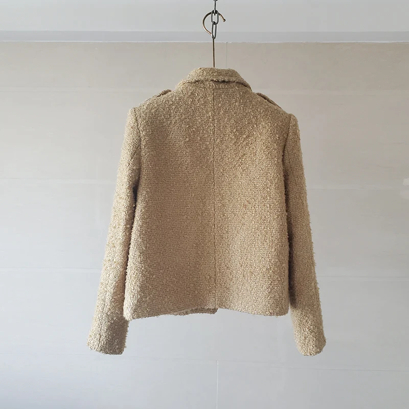 High Quality Mohair Wool Blends Khaki Color Short Design Tweed Jacket Women Turn Down Collar Pockets Gold Buttons Vintage Coat