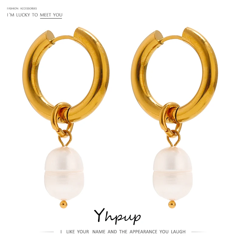 Yhpup 316L Stainless Steel Natural Pearl Hoop Earrings Trendy Metalic Golden Geometric Jewelry Accessories серьги женские New